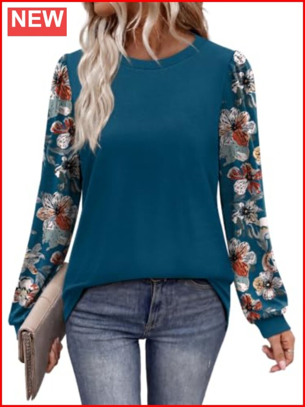 Long Sleeve Tunic Top Womens Puff Sleeve Crew Neck Fall Layering Shirt